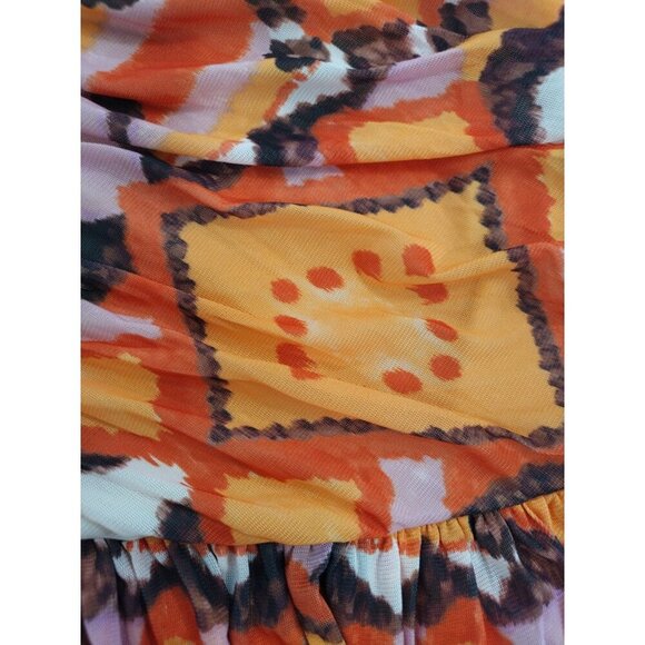 Colorful printed peplum top with puff sleeves, size M, DR2, polyester blend. - Picture 5 of 8